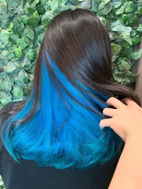 Blue And Black Hair, Under Hair Dye, Under Hair Color, Hair Dyed Underneath, Blue Hair Highlights, Hidden Hair Color, Split Dyed Hair, Dyed Hair Blue, Blue Ombre Hair