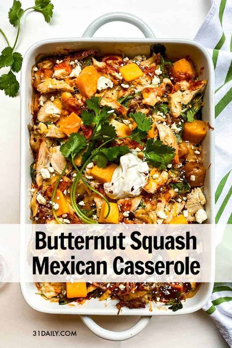 This easy, crowd pleasing Butternut Squash Mexican Enchilada Casserole is packed with flavor, vegetables, and bubbling with enchilada sauce and melty cheese. Easy Butternut Squash Mexican Casserole with Chicken and Kale | 31Daily.com #casserole #maindish #weeknightdinner #kale #chicken #blackbeans #enchiladas #Mexican #31Daily Mexican Enchilada Casserole, Ble Recipes, Mexican Enchiladas, 31 Daily, Easy Butternut Squash, Butternut Squash Cubes, Chicken And Butternut Squash, Mexican Casserole, Butternut Squash Recipes