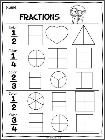 Fractions Practice Page Color the shapes in each row to match the fraction. Get more 1st grade worksheets from my shop.  Click here. Math Fractions Worksheets, Identifying Fractions, Fraction Practice, Dividing Fractions, First Grade Worksheets, 2nd Grade Math Worksheets, 1st Grade Math Worksheets, 2nd Grade Worksheets, Fractions Worksheets