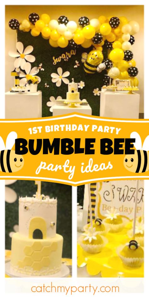 Check out this fun bumblebee 1st birthday party! The cake pops are so sweet! See more party ideas and share yours at CatchMyParty.com #catchmyparty #partyideas #bumblebee #bumblebeeparty #1stbirthdayparty Beeday Party, Bumble Bee Party, Bee Themed Birthday Party, Bumble Bee Birthday, Honey Bee Baby Shower, Bee Birthday Party, Bee Baby Shower Theme, Bumble Bee Baby Shower, Bee Party