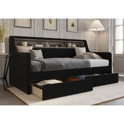 Full Size Daybed In Small Room, Black Daybed Room Ideas, Full Daybed Room Ideas, Beds For Small Spaces Bedroom, Boys Daybed, Black Day Bed, Daybed Storage, Simple Boys Room, Daybed Ideas