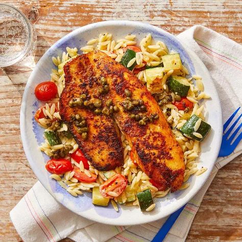 Recipe: Piccata-Style Tilapia with Orzo, Zucchini & Tomatoes - Blue Apron Orzo Zucchini, Blue Apron Recipes, Zucchini Tomato, Soy Recipes, Shrimp Seasoning, Orzo Pasta, Cooking Temperatures, Blue Apron, Fiber Foods