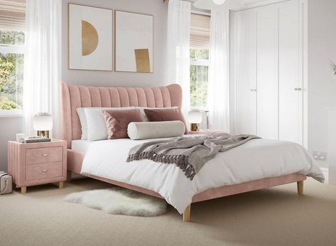 Light Pink Bed, Pink Velvet Bed, Panelled Headboard, Plush Headboard, Dream Flat, Summer Room, Pink Bed, Pink Bedroom For Girls, Headboard With Lights