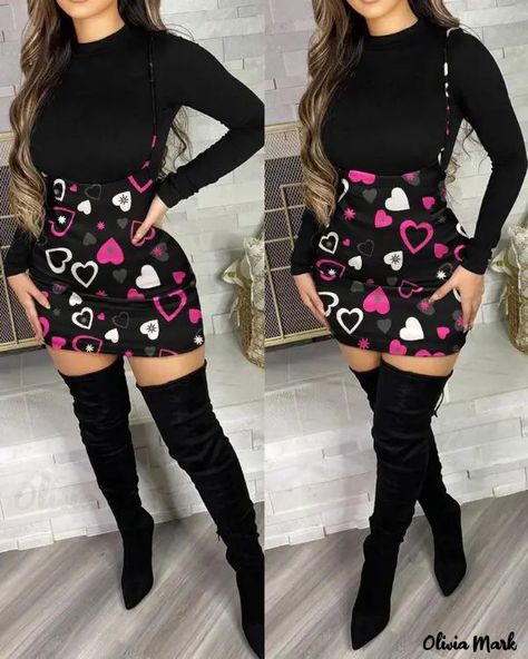 Olivia Mark - Valentine&#39;s Day Heart Print Long Sleeve Top And Strappy Skirt Set Two Pieces Dress, Outfits Black Women, Suspender Skirt, Black Khakis, Dress Suits, Two Piece Dress, Piece Dress, Heart Print, Black Top