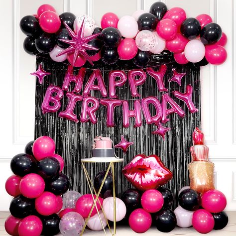 PRICES MAY VARY. What You Receive:Our hot pink party decorations includes 10inch hot pink balloonsx25, 10inch light pinkx10, 10inch black balloonsx25, hot pink star balloonsx4, foil balloonx1, 12inch hot pink confetti balloonsx5,foil balloonx2,pink happy birthday bannerx1, black fringe curtainx2, glue dotx100, ribbonx1, decorative stripx1 Great Quality: The pink and black party decorations is an all inclusive package featuring balloons, birthday letter balloons, fringe curtains, and a variety of Pink Black Silver Birthday Party, Hot Pink Party Decorations Sweet 16, Hot Pink And Black Sweet 16, Pink And Black Birthday Decorations, Black Pink Birthday Party Ideas, 2000s Party Decor, Pink And Black Birthday Party Decoration, Black And Pink Birthday Theme, Hot Pink Birthday Decorations