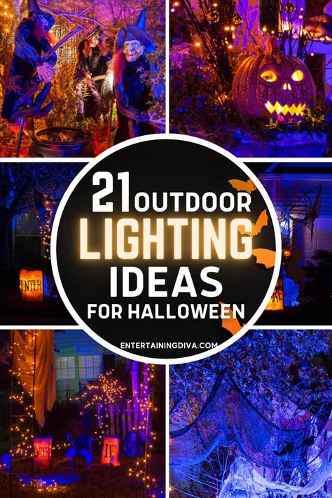 21 Outdoor Lighting Ideas For Halloween | Holidays Halloween Lights Outdoor Porch, Halloween Lights Diy, Front Yard Halloween, Spooky Outdoor Halloween Decor, Halloween Disco, Halloween Lighting, Halloween Lighting Outdoor, Scary Halloween Decorations Outdoor, Outdoor Decor Ideas