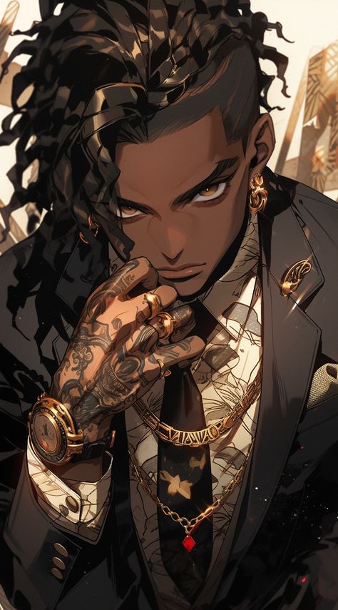 a black man in a suit and gold jewelry, in the style of gothic illustration, loish, sharp focus, dark white and amber, dinopunk, youthful protagonists, intense close-ups --ar 71:128 Black King Art Drawing, Black American Art, Black Anime Characters Guys, Black Anime Men, Anime Black People, Gothic Illustration, Masculine Art, Black Anime Guy, Man In A Suit