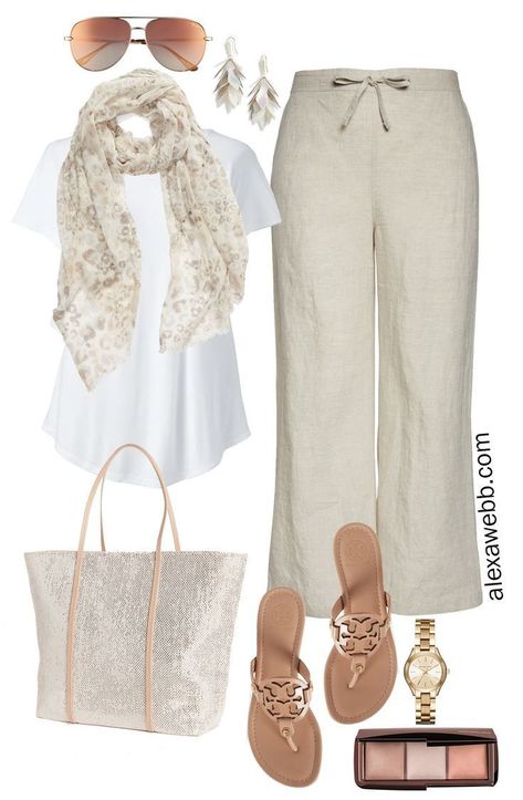 Plus Size Linen Pants Outfit - Scarf, T-Shirt, Sequin Tote, Tory Burch Miller Sandals , Aviator Sunglasses - Plus Size Summer Neutral Outfit - alexawebb.com #plussize #alexawebb Alexa Webb Plus Size Linen Pants Outfit, Summer Neutral Outfits, Plus Size Linen Pants, Mode Ab 50, Track Pants Outfit, Alexa Webb, Linen Pants Outfit, Plus Size Linen, Scarf Shirt