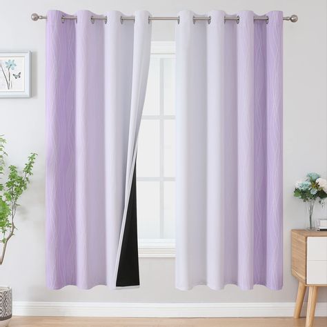 PRICES MAY VARY. PACKAGE INCLUDES: 2 panels per package. Each package includes two ombre blackout curtain panels of 52"W x 72"L,one set measures: 104"W x 72"L. Each curtain panel has 8 rustproof silver metal grommets on top. Each grommet inner diameter is 1.6 inch, fits most standard rods in the market. Easy to hang, and slide smoothly. These gradient blackout living room curtains are soft and smooth. OMBRE AND LINE DESIGN: The decorative blackout bedroom curtains are made of 100% high quality p Lilac Curtains Bedroom, Ombre Curtains, White Blackout Curtains, Have A Good Sleep, Curtains For Bedroom, Bedroom Curtains, Curtains For Living Room, Room Curtains, Blackout Drapes