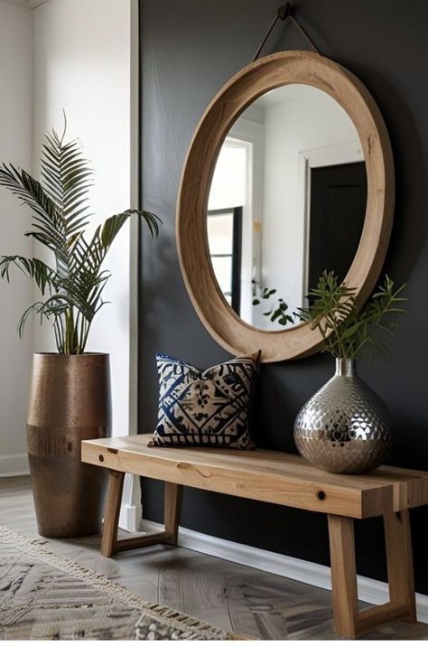 Entry With Round Mirror, Entryway Ideas Boho Modern, Elegant Small Entryway Ideas, Modern Entryway Small, Entry Bench And Mirror, Entryway Must Haves, Modern Organic Entryway Ideas, Foyer With Bench Entryway, Bench And Mirror Entryway