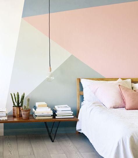 Looking to create your own #geometric #paint #effect? This finished look requires little more than a roll of masking tape and a good paintbrush. For instructions on how to achieve this look and more #modern #bedroom #paint #colour #ideas, take a look at our feature. बेडरूम डिजाइन, Beautiful Bedroom Colors, Design Ložnic, Diy Wall Painting, Bedroom Wall Paint, Bedroom Paint Colors, Bedroom Paint, घर की सजावट, White Bedroom