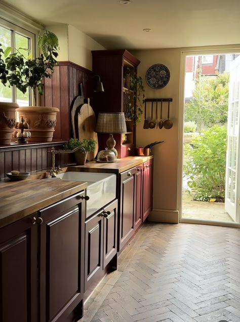 Chestnut Kitchen Cabinets, Herringbone Floor Kitchen, Chestnut Kitchen, Victorian Terrace Interior, Old Victorian House, Dark Brown Cabinets, Herringbone Flooring, Red Cabinets, Brown Kitchen Cabinets