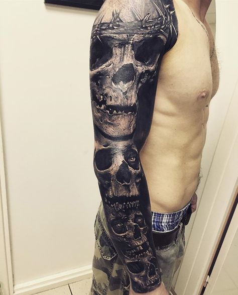 Skulls on Guys Arm | Best tattoo ideas & designs Wörter Tattoos, Full Tattoo, Skull Sleeve Tattoos, Skull Sleeve, Full Sleeve Tattoo Design, Tattoo Skull, Cool Arm Tattoos, Cool Tattoos For Guys, Arm Sleeve Tattoos