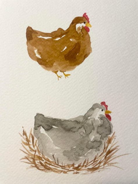 Watercolour Chickens Hens, Simple Animal Watercolor, Watercolor Chicken Tutorial, Watercolor Chickens, Watercolor Birds Tutorial, Chicken Watercolor, Watercolor Chicken, Watercolor Paintings For Beginners, Watercolor Paintings Easy