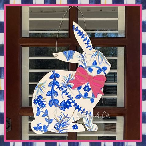 Chinoiserie Door Hanger, Easter Bunny Door Hanger, Bow Door, Spring Front Door, White Bunnies, Bunny Door Hanger, Easter Door Hanger, Summer Door Hanger, Easter Door