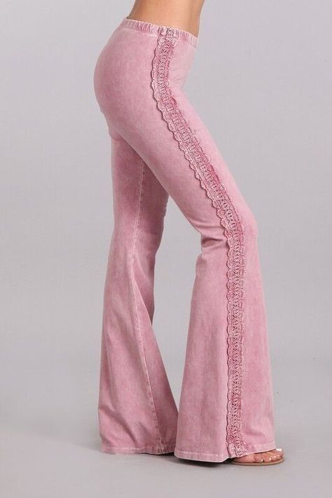 Another Beautiful Creation from Chatoyant! Mineral washed bell bottom pants with crochet lace on side seam and elastic waist.  Each item is hand-dyed, should expect variations. American made Cotton/Spandex 93/7 Jersey  Made in USA  Stay Sexy! Denim Jeans Bell Bottoms, Pink Bling Clothes, Boho Chic Clothing Boho Pink, Mauve Flare Pants, What Shoes Go With Bellbottoms, Pink Womens Clothing, Affordable Feminine Bottoms With Lace Trim, Purple Bell Bottom, Pink Bell Bottoms