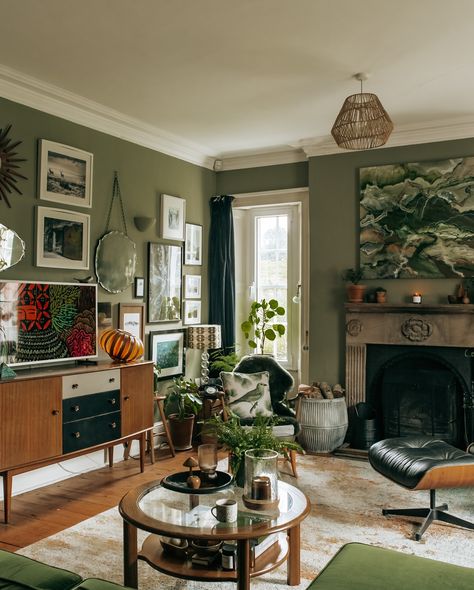 Snippets of Sharon’s incredible living room & the famous green sofa 🌿🍄‍🟫🪵🧺 @a_story_of_home 📷 taken for @b.co_studio Green Victorian Living Room, Living Room Inspiration Green, Green And Grey Living Room, Green Living Room Walls, Green Walls Living Room, Victorian Living Room, Grey Couches, Green Sofa, Living Room Green