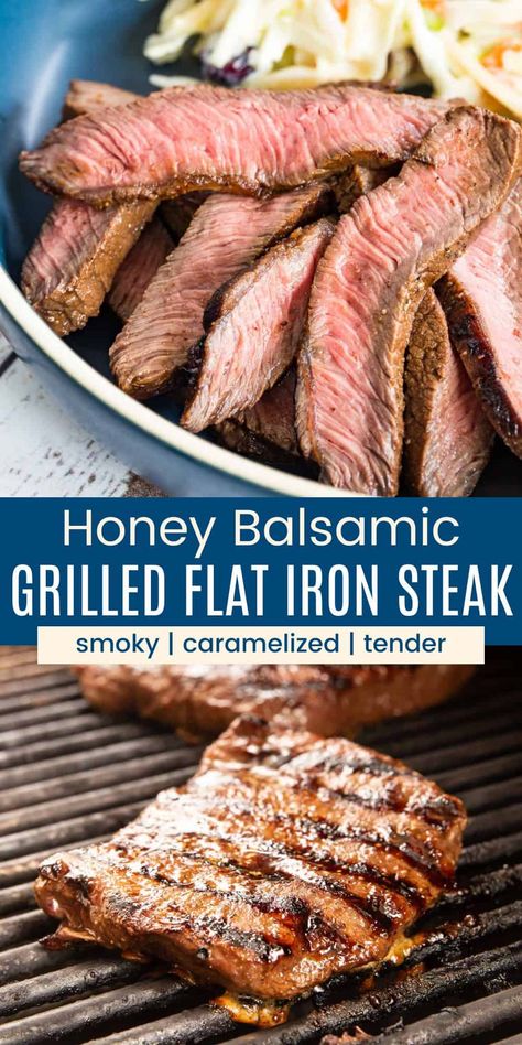 Take your dinner on the grill to the next level with our irresistible Honey Balsamic Marinated Flat Iron Steak! This easy recipe features a flavorful balsamic vinegar marinade that gives the grilled steak a sweet and smoky crust. With its tender and melt-in-your-mouth texture, it's guaranteed to become a grilling favorite. Don't miss out on this delicious recipe! Honey Balsamic Marinade, Flat Iron Steak Marinade, Balsamic Vinegar Marinade, Gluten Free Bbq Recipes, Grilled Flat Iron Steak, Quick Evening Meals, Flat Iron Steak Recipes, Easy Steak Marinade Recipes, Easy Baked Beans