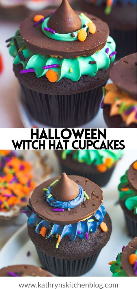 Witch Cupcakes Halloween, Chocolate Halloween Cupcakes, Simple Halloween Cupcakes, Cupcakes Easy Recipe, Witch Hat Cupcakes, Halloween Muffins, Halloween Boxes, Halloween Cupcakes Decoration, Hat Cupcakes