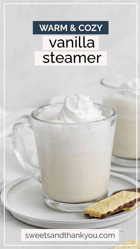 Homemade Vanilla Steamer - This kid-friendly Starbucks vanilla steamer recipe couldn't be easier. It's warming, soothing & caffeine free! // starbucks kid drinks // hot drinks // warm drinks // kids drink // kids starbucks drink // vanilla bean steamer // hot vanilla milk // hot vanilla drink // vanilla drinks // starbucks copycat recipe // caffeine free drinks // vegan vanilla steamer // dairy free vanilla steamer Starbucks Kids Drinks, Caffeine Free Starbucks, Steamed Milk Recipe, Hot Vanilla Milk, Vanilla Steamer, Milk Frother Recipes, Vanilla Drink, Hot Spiced Cider, Vanilla Drinks