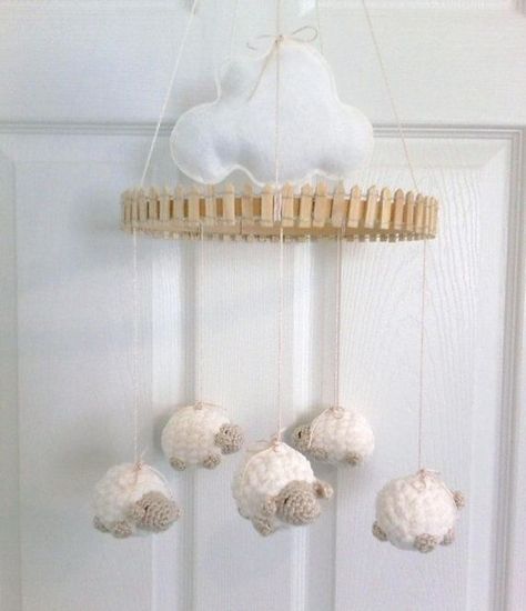 sheep+nursery+mobiles | Baby Mobile, Nursery Lamb Mobile, Baby Mobile, Mobile, Vanilla & Tan ... Crocheted Mobiles, Crochet Snuggles, Baby Mobile Crochet, Modern Crib Mobile, Sheep Mobile, Mobile Ideas, Sheep Nursery, Lamb Nursery, Baby Lamb Baby Shower