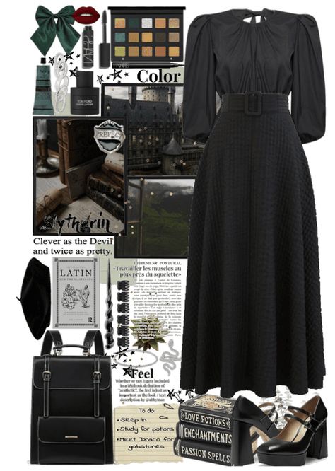 Dark Academia Slytherin Outfit, Outfit Ideas Hogwarts, Gothic Outfit Ideas Casual, Slytherin Core Outfits, Slytherin Academia Outfit, Slytherin Style Inspired Outfits, Slytherin Outfit Casual, Slytherin Aesthetic Clothes, Slytherin Party Outfit