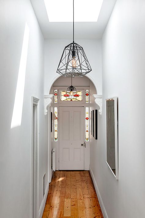 Victorian Cottage in Hawthorn Victorian Terrace Hallway, Terrace Hallway, Equestrian Property, Cottage Extension, Hawthorne House, Victorian Hallway, Stunning Homes, Timber Slats, Hallway Inspiration