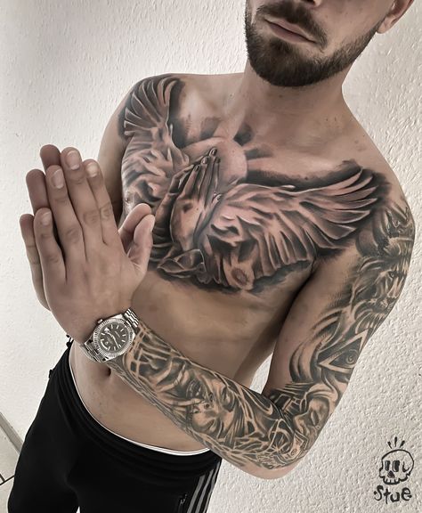 Realistic Chest Tattoo, Chest Tattoo Family, Tattoo Praying Hands, Chest Tattoo Simple, Piece Tattoo Ideas, Chest Piece Tattoo, Mens Tiger Tattoo, Holy Tattoos, Owl Tattoo Chest