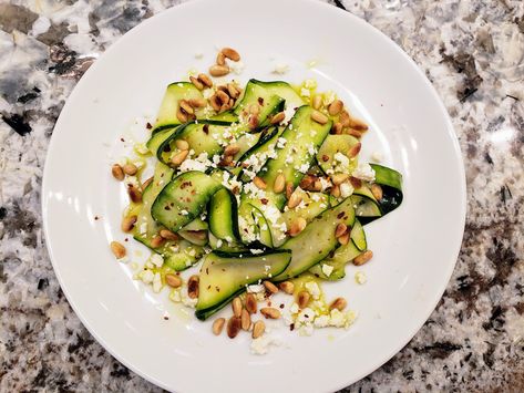 Zucchini Carpaccio Recipe, Zucchini Carpaccio, Fennel And Orange Salad, Traditional Italian Dishes, Toasted Pine Nuts, Zucchini Bread, Greek Salad, Sliced Almonds, Healthy Digestion