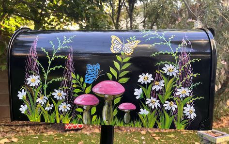 A beautiful Mailbox can add cheer and pizazz to the front of your house that will delight you all year-round. Specializes in the creation of custom-designed, hand-painted mailboxes for your house. *Standard Size (20''D x 8.8''H x 6.9''W ) ($168) *Large Size (22.6''D x 10.9''H x 8.7''W ) ($198) *Extra Large Jumbo Size (24.8''D x 15''H x 11.7''W) ($258) Choice of House number or Family name on the front of mailbox (FREE optional) Because each MAILBOX is hand-painted, each is one-of-a-kind and may Butterfly Mailbox Ideas, Garden Mailbox Ideas, Painted Mailboxes Ideas, Garden Mailbox For Tools, Mailbox Ideas Painted, Painted Mailbox Ideas Diy, Creative Mailbox Ideas, Mailbox Art, Painted Mailbox