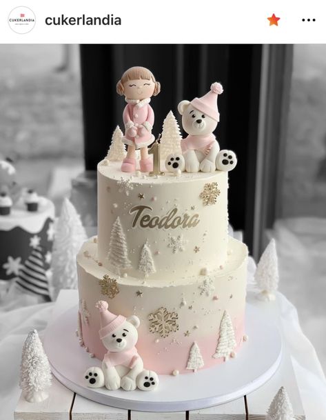 Winter Onederland Cake Girl, Pink Winter Wonderland Cake, Winter Wonderland Cake Ideas, Winter Onederland Birthday Cake, Winter Cake Decorating, Winter Wonderland Birthday Cake, Christmas Baby Shower Cake, December Cake, Winter Baby Birthday Party