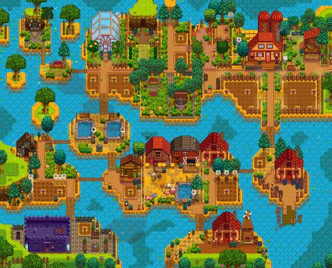 my river 1.5 farm:) : FarmsofStardewValley Stardew Valley Farm Layout Riverlands, Stardew Valley Pfp, Stardew Design, Stardew Mods, Stardew Farms, Barn Layout, Stardew Valley Layout, Stardew Valley Tips, Valley River