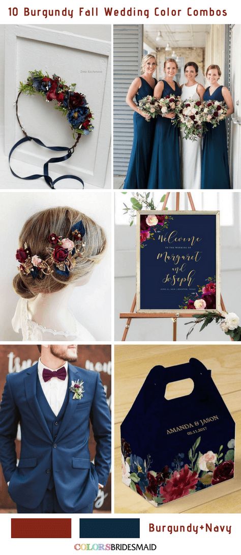 Fall wedding colors burgundy and navy blue Burgundy Wedding Colors, Fall Wedding Color Schemes, Southern Vintage, Wedding Color Scheme, Best Wedding Colors, Burgundy Bouquet, Fall Wedding Color Palette, Wedding Color Combos, Blue And Burgundy