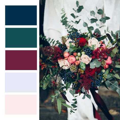 Colors! (Click on photo to see its not loading :( December Color Palette Wedding, Wedding Colour Schemes Emerald Green, Wedding Colors November Colour Palettes, Maroon Teal Wedding, Wedding Flower Combinations, Wedding Ideas For August, Teal Burgundy Color Palette, Wedding Color Schemes September Colour Palettes, Berry Color Wedding Theme