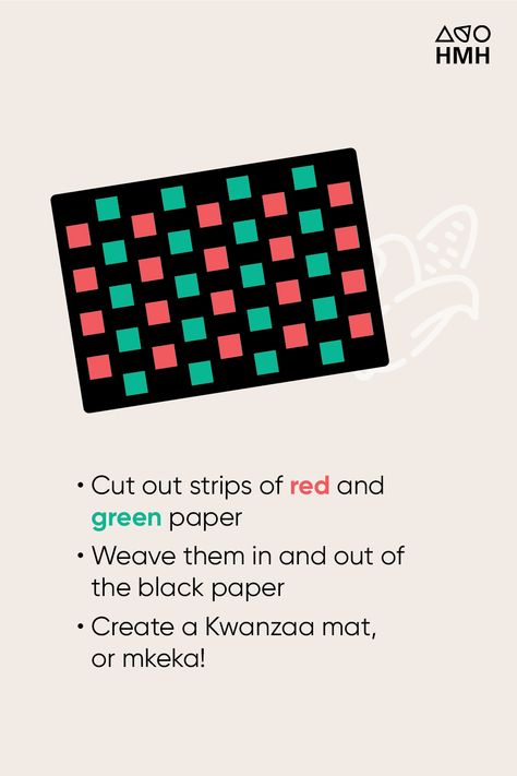 Tan background with illustration of red, green, and black mkeka mat. Beneath the mkeka, is a bulleted list that reads: Cut out strips of red and green paper; Weave them in and out of the black paper; Create a Kwanzaa mat, or mkeka! Kwanzaa Preschool, Lesson Plans For Elementary, Days Of Kwanzaa, Seven Principles Of Kwanzaa, Kwanzaa Crafts, Kwanzaa Activities, Activities For Elementary Students, Kwanzaa Principles, Celebration Around The World