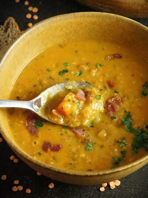 Lentil & Bacon Soup Lentil Bacon Soup, Leek And Bacon Soup, Lentil And Bacon Soup, Creamy Lentil Soup, Soup Bacon, Coconut Lentil Soup, Bacon Soup Recipes, Creamy Soups, Slow Carb