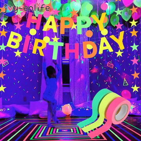 Glow Theme Party, Dark Birthday, Neon Tape, Glow In Dark Party, Surprise Ideas, Neon Birthday Party, Glow Birthday Party, 80s Theme Party, Wedding Background Decoration