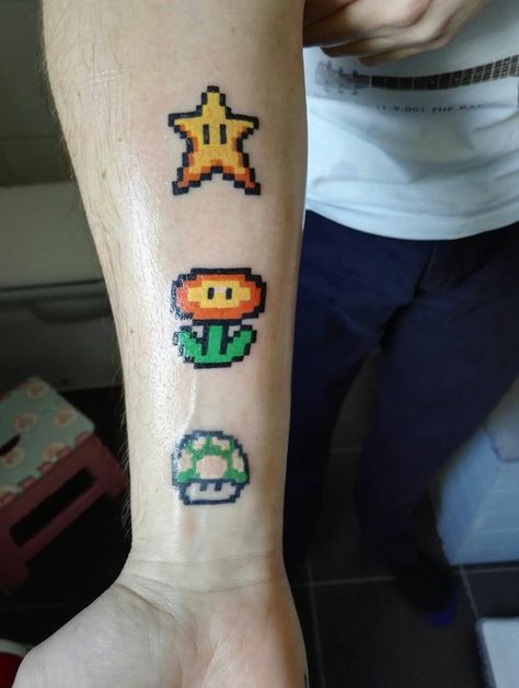 Pacman Tattoo, Super Mario Tattoo, Nintendo Tattoo, Pixel Tattoo, Best Tattoo Fonts, Video Game Tattoos, Mario Tattoo, Gamer Tattoos, Tattoo Trend