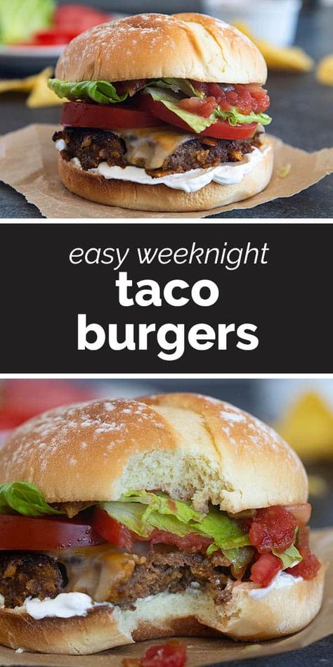 Get your grill on with these burgers that you can serve on Taco Tuesday! These Taco Burgers have all the flavors of a delicious taco, served up as a burger. Taco Johns Taco Burgers, Taco Burgers Ground Beef, Taco Hamburger, Cheeseburger Recipes Homemade, Taco Burgers, Homemade Beef Burgers, Best Homemade Burgers, Grilled Burger Recipes, Taco Burger