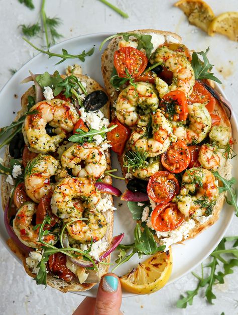 Mediterranean Baked Feta Bruschetta with Pesto Shrimp Toast ⋆ Star Infinite Food Panini Pizza, Bruschetta Ideas, Caitlin Greene, Feta Bruschetta, Best Bruschetta, Bruschetta Recipes, Shrimp Toast, Pesto Shrimp, Baked Feta