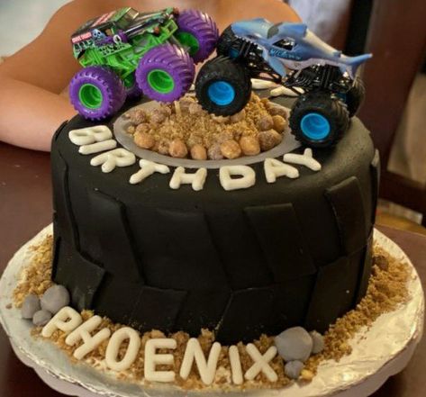 Cake I made for my sons 5th birthday Truck Party Theme, Monster Truck Birthday Cake, Tire Cake, Monster Jam Party, Truck Birthday Cakes, Monster Truck Cake, Truck Cake, Monster Truck Party, Monster Trucks Birthday Party