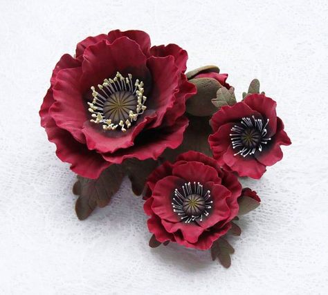 Jewelry Set Red, Polymer Flowers, Poppy Brooches, Polymer Inspiration, Poly Clay, Clay Inspiration, Polymer Clay Flowers, Fimo Clay, Red Poppy