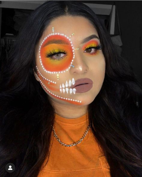 Pink Catrina Makeup, Colorful Catrina Makeup, Glam Catrina Makeup, Orange Catrina Makeup, La Catrina Makeup Tutorial, Skull Makeup, Make Up Inspo, Maquillaje De Ojos, Face Paint