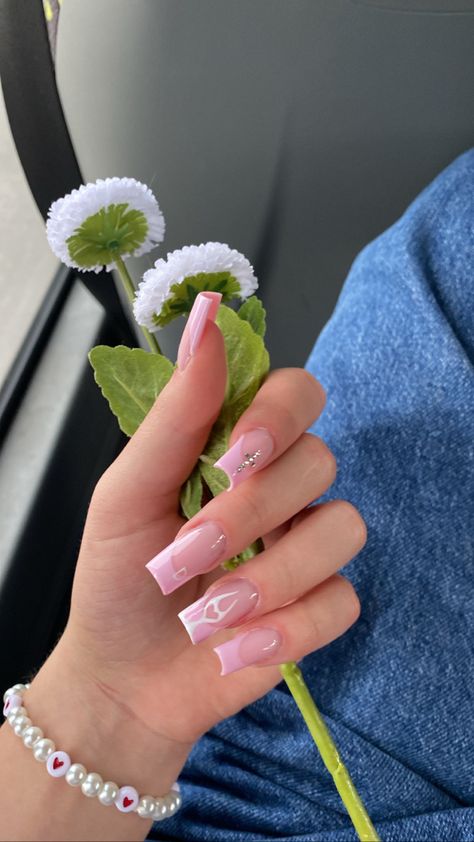 diamond cross, french nails, heart Pink Nails With Diamonds, Nails Heart, Cross Nails, Anime Nails, Beige Nails, Short Square Nails, Dope Nail Designs, Diamond Nails, Pink Acrylic Nails