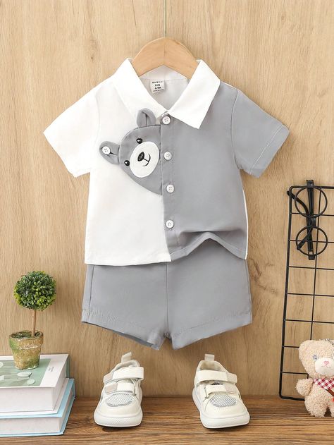 Grey  Collar   Cartoon,Colorblock  Embellished Non-Stretch  Baby Boys Clothing Baby Boy Dress Design, Newborn Baby Dresses, Full Sleeves Design, Kids Logo Design, Baby Boy Shirts, Baby Boy Dress, Kids Gown, Shirt And Shorts