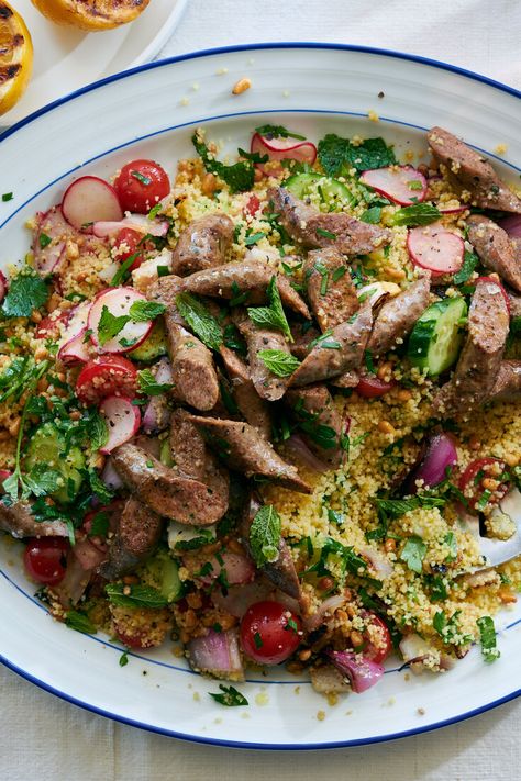 Mint Couscous, Lemon Couscous, Couscous Recipes, Summer Meals, Couscous Salad, Spicy Sausage, Nyt Cooking, How To Make Sausage, Lemon Mint