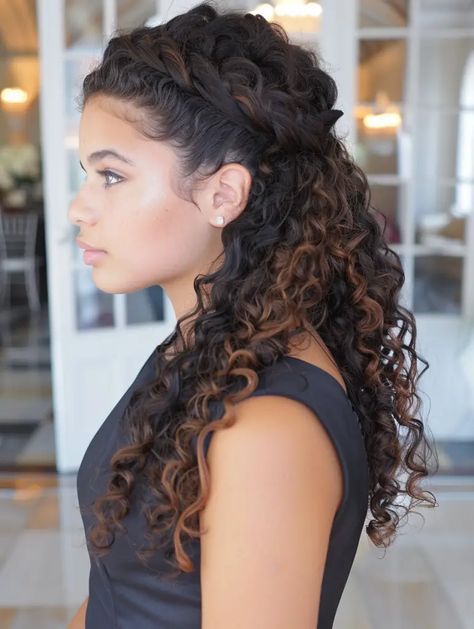 Half Updo Wedding Hairstyles, Half Up Natural Curly Hairstyles, Mixed Race Wedding Hair, Curly Hairstyles With Pearls, Black Curly Wedding Hairstyles, Natural Curly Hair Half Up Half Down, Curly Hairstyles For Brides, Curly Half Up Half Down Wedding Hair, Elegant Wedding Hairstyles Half Up Half Down