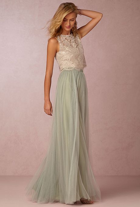 Brides.com: . "Cleo" top, $80, "Louise" tulle skirt, $220, Jenny Yoo available at BHLDN Skirts Brown, Gonna In Tulle, Bold Dresses, Tulle Skirts, Tulle Bridesmaid Dress, Brown Skirt, Grace Loves Lace, Lace Bridesmaid Dresses, Bridesmaid Gown