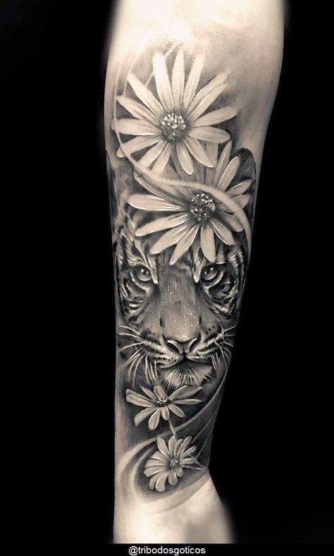 Realism Arm Tattoos For Women, Realism Feminine Tattoo, Daisy Tattoo Designs, Tiger Tattoo Sleeve, Forarm Tattoos, Tattoos For Women Half Sleeve, Hip Tattoos Women, Forearm Tattoo Women, Leg Tattoos Women