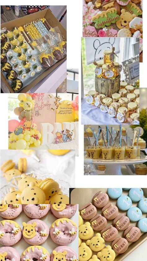 winnie phoo Winnie The Pooh Drink Ideas, Pooh Dessert Table, Winnie The Pooh Dessert Table, Winnie Phoo, Winnie The Pooh Party, Pooh Party, Baby Shower Desserts, Themed Desserts, Pooh Baby